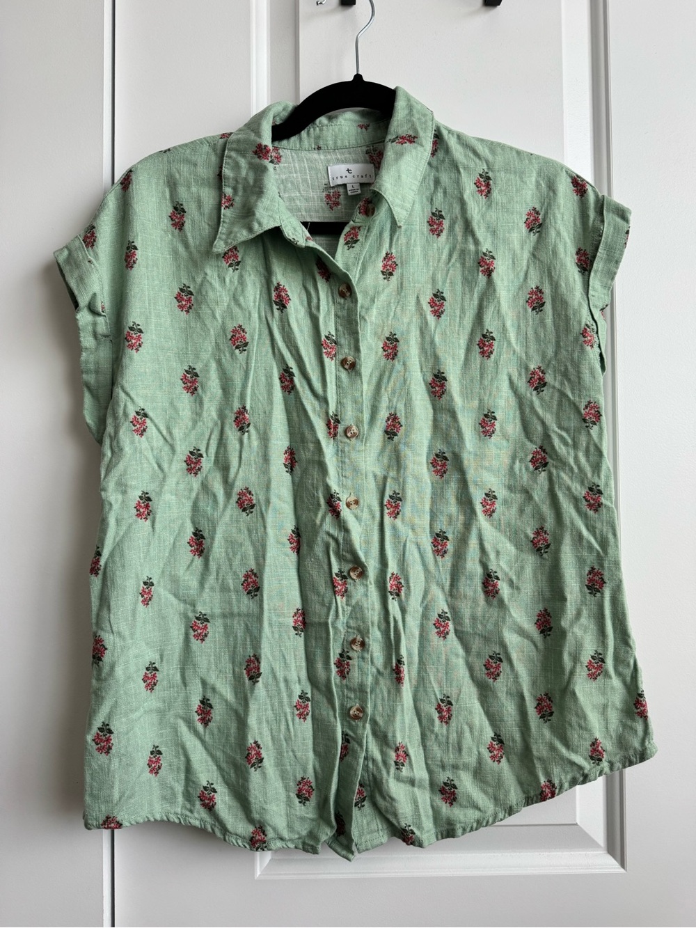True Craft Sage Green Floral Linen Blend Button Down Top L